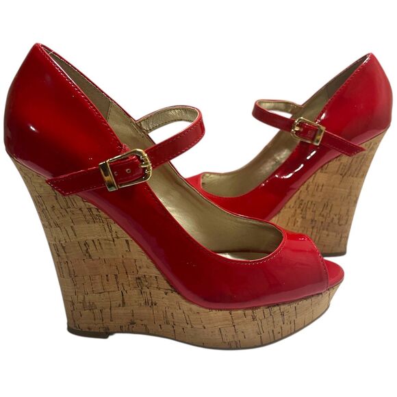 Guess Women's Size 6.5 Red Cork Wedge Open Toe Heels with Buckle Strap READ - Picture 13 of 13